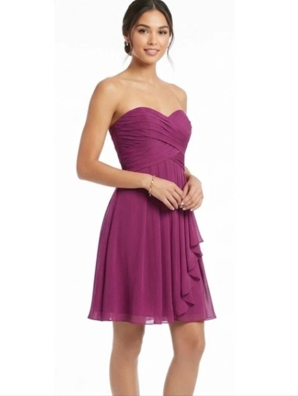 David's Bridal Strapless Sweetheart Chiffon Dress in Fuchsia